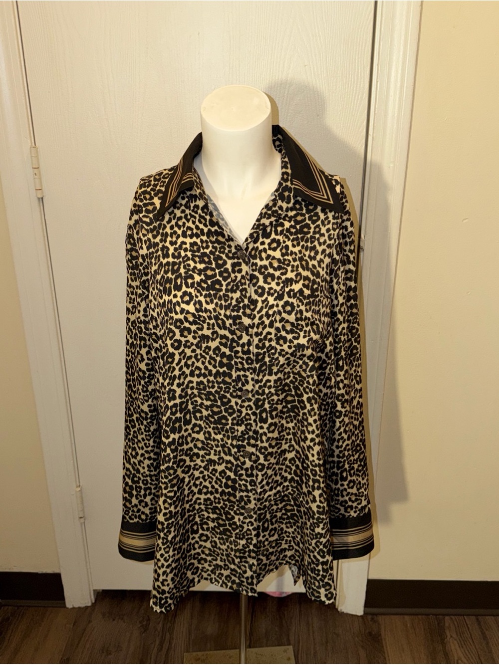 Equipment Bradner Leopard Print Shirt Sz L Black Beige Striped Collar Button Up